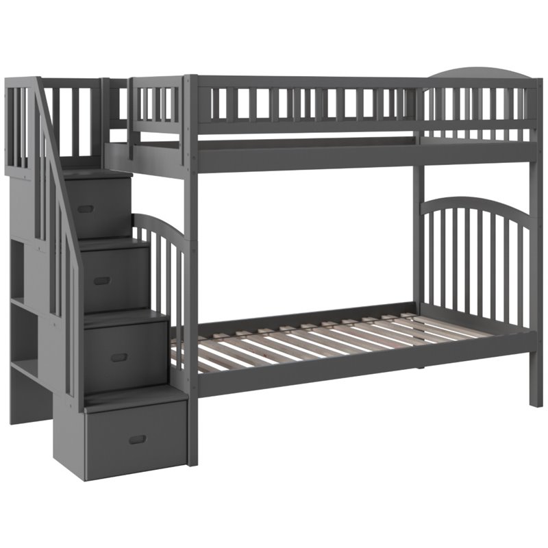 Pemberly Row Traditional Staircase Bunk Twin Over Twin in Gray