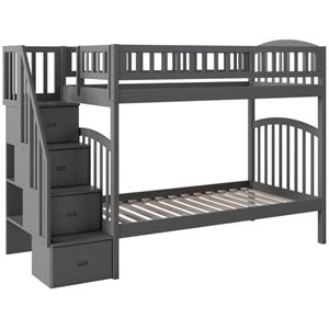 Pemberly Row Traditional Staircase Bunk Twin Over Twin in Gray