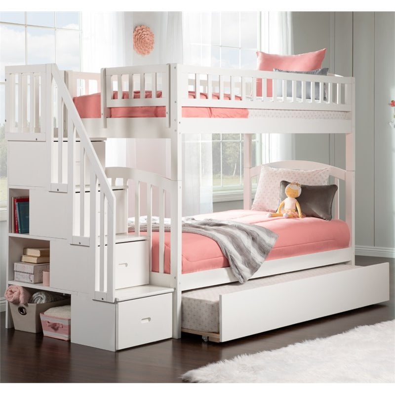Pemberly Row Traditional Wood Staircase Bunk Twin Over Twin w/ Trundle in White