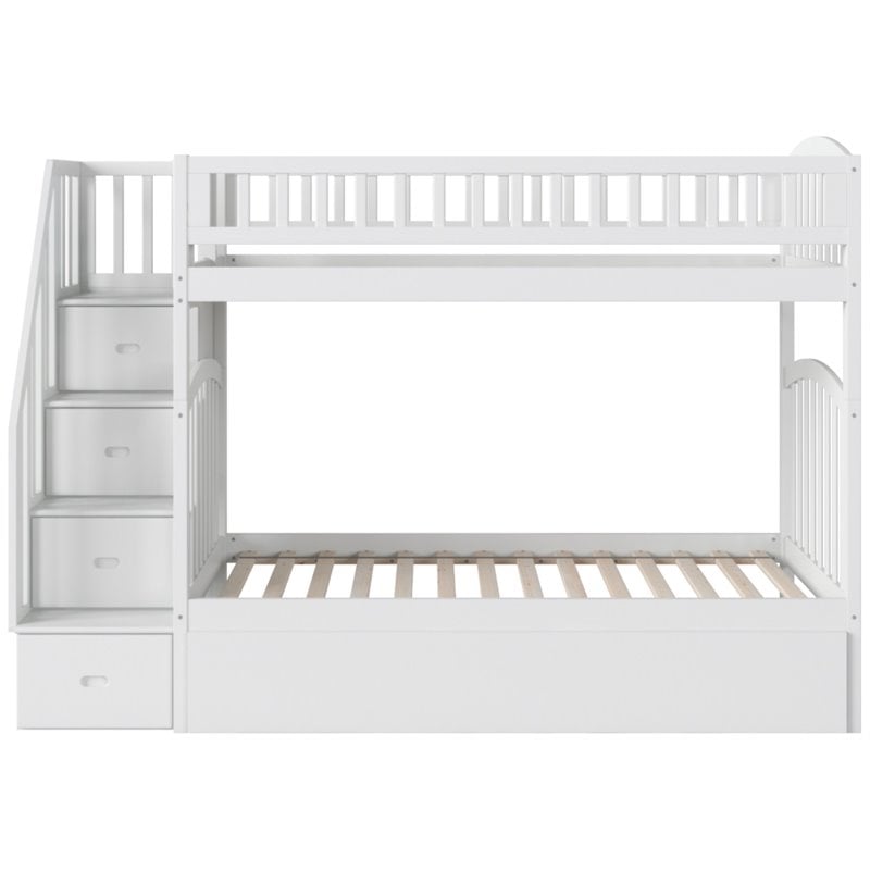 Pemberly Row Traditional Wood Staircase Bunk Twin Over Twin w/ Trundle in White