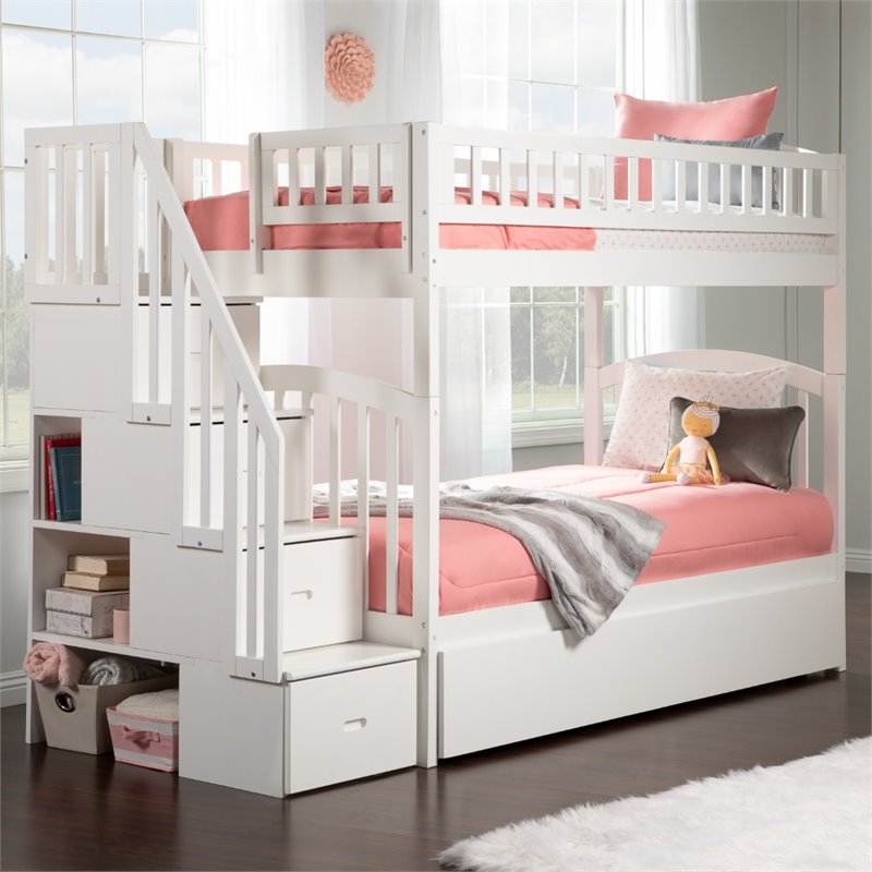 Pemberly Row Traditional Wood Staircase Bunk Twin Over Twin w/ Trundle in White