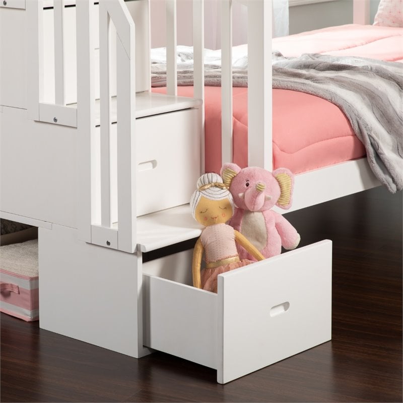 Pemberly Row Traditional Wood Staircase Bunk Twin Over Twin w/ Trundle in White