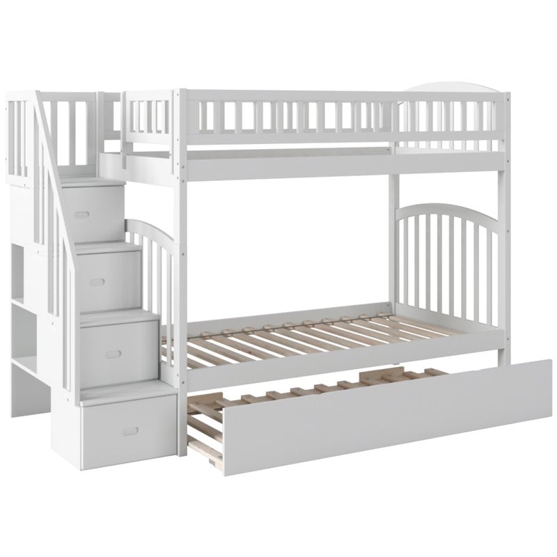 Pemberly Row Traditional Wood Staircase Bunk Twin Over Twin w/ Trundle in White