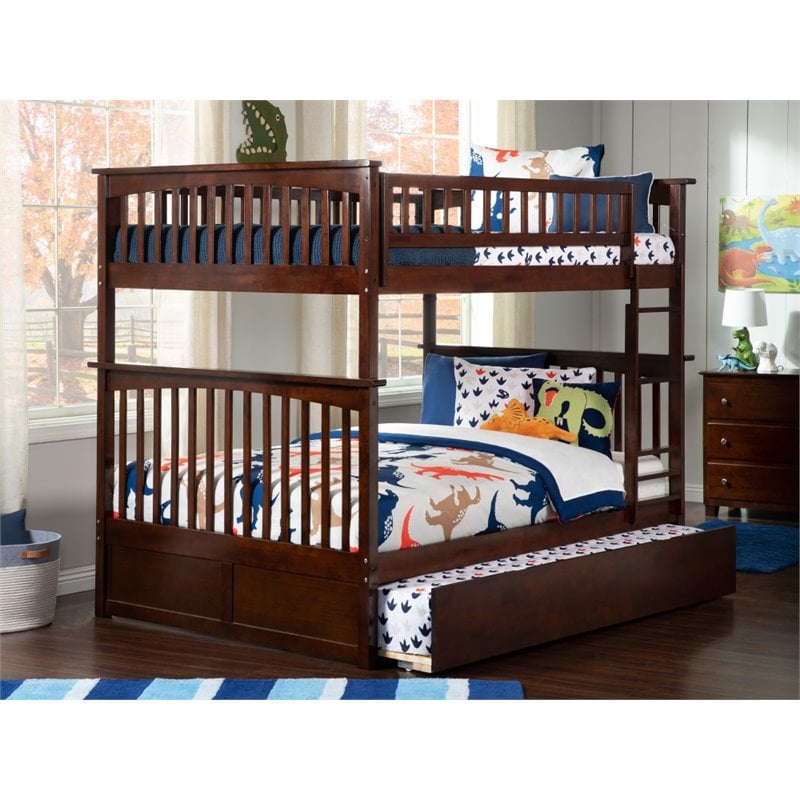 Pemberly Row Full over Full Bunk Bed of Wood with Trundle in Walnut Brown