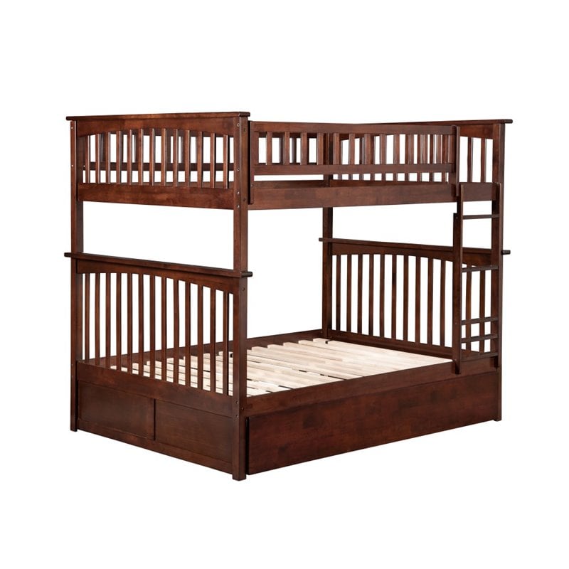 Pemberly Row Full over Full Bunk Bed of Wood with Trundle in Walnut Brown