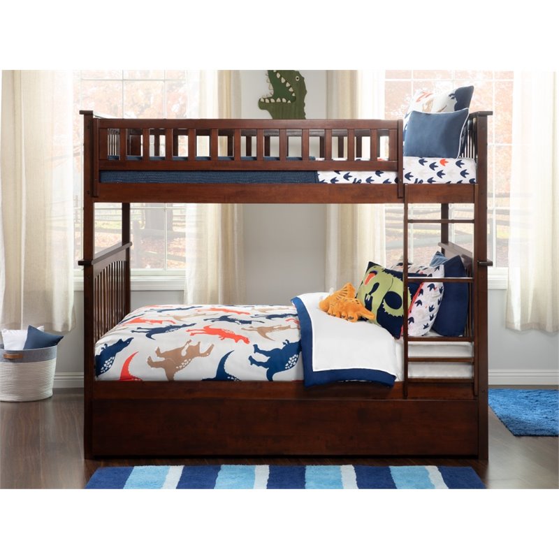 Pemberly Row Full over Full Bunk Bed of Wood with Trundle in Walnut Brown