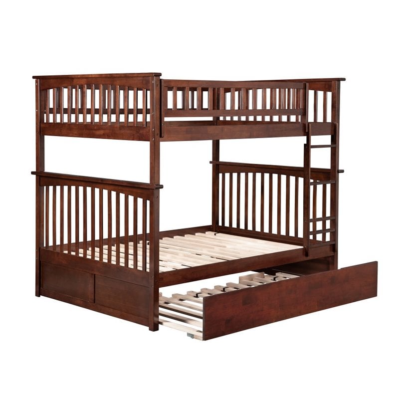 Pemberly Row Full over Full Bunk Bed of Wood with Trundle in Walnut Brown