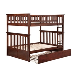 pemberly row full over full bunk bed of wood with trundle in walnut brown