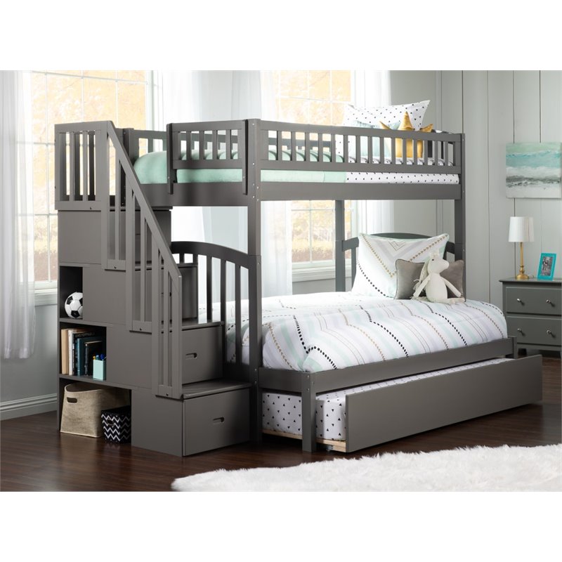 Pemberly Row Twin over Full Bunk Bed of Wood with Trundle in Gray