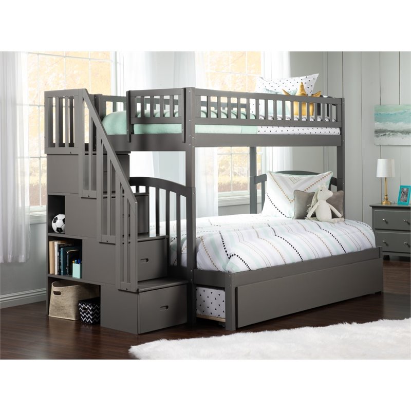 Pemberly Row Twin over Full Bunk Bed of Wood with Trundle in Gray
