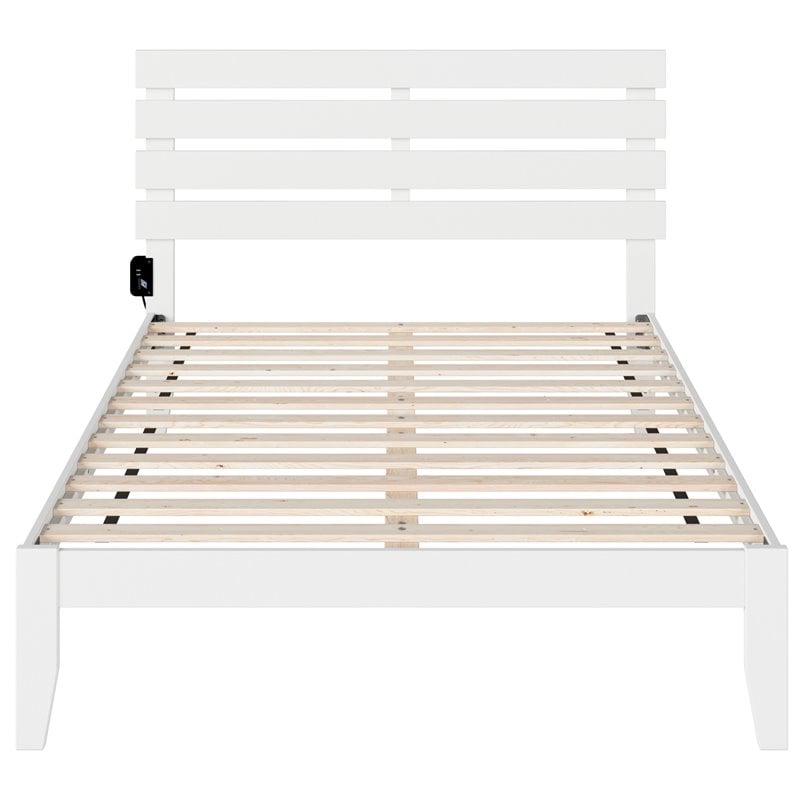 Pemberly Row Farmhouse Wood Full Bed with USB Charging Station in White