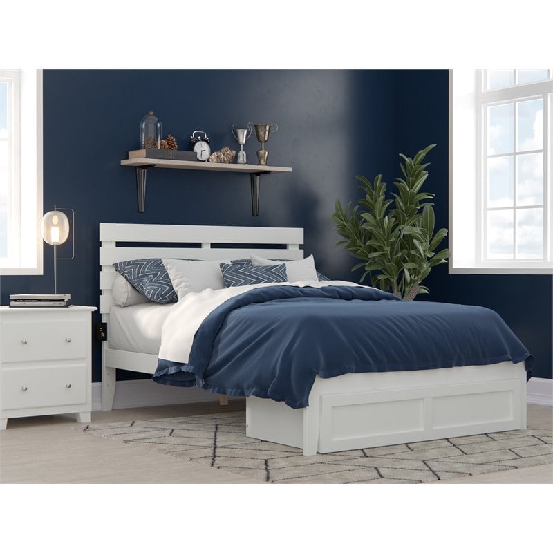 Pemberly Row Farmhouse Solid Wood Full Bed with Foot Drawer in White