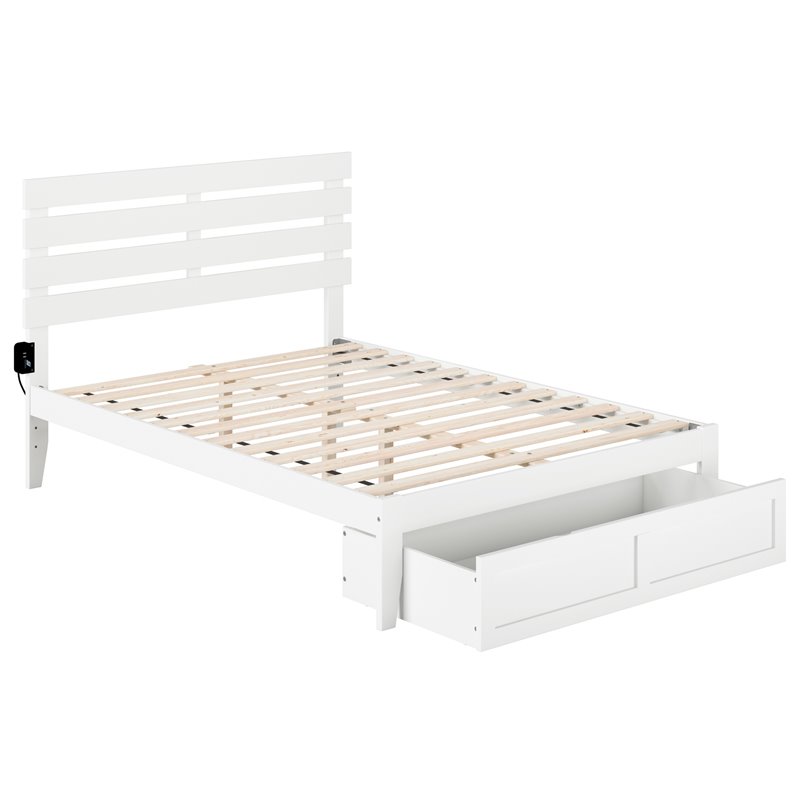 Pemberly Row Farmhouse Solid Wood Full Bed with Foot Drawer in White
