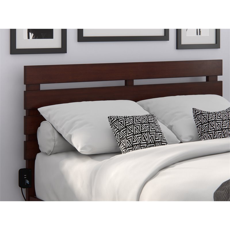 Pemberly Row Farmhouse Solid Wood Full Headboard w/ USB Turbo Charger in Walnut