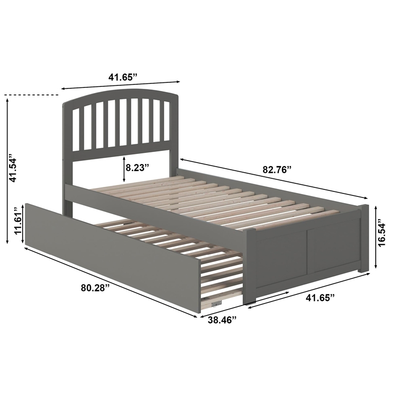 Pemberly Row Richmond Twin XL Wood Platform Bed with Footboard & Trundle in Grey
