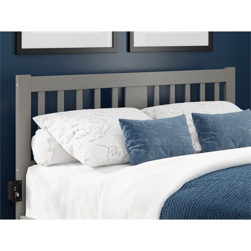 Pemberly Row Queen Spindle Headboard with USB Turbo Charger in Gray