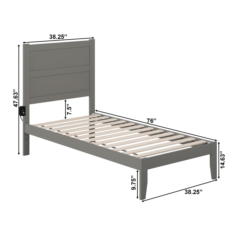 Pemberly Row Transitional Solid Wood Twin Bed with USB Charger in Gray