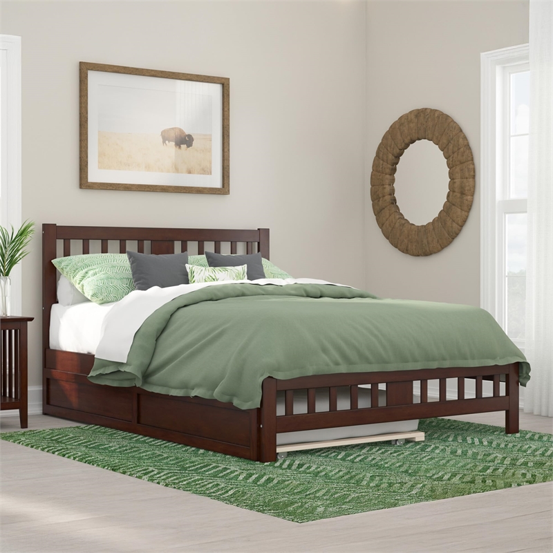 Pemberly Row Wood Queen Bed with Footboard/Twin XL Trundle in Walnut