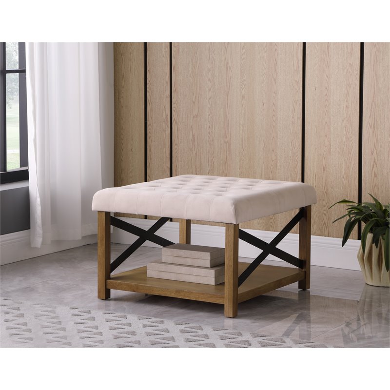 Pemberly Row Traditional Wood and Fabric Tufted Ottoman with Storage in Cream