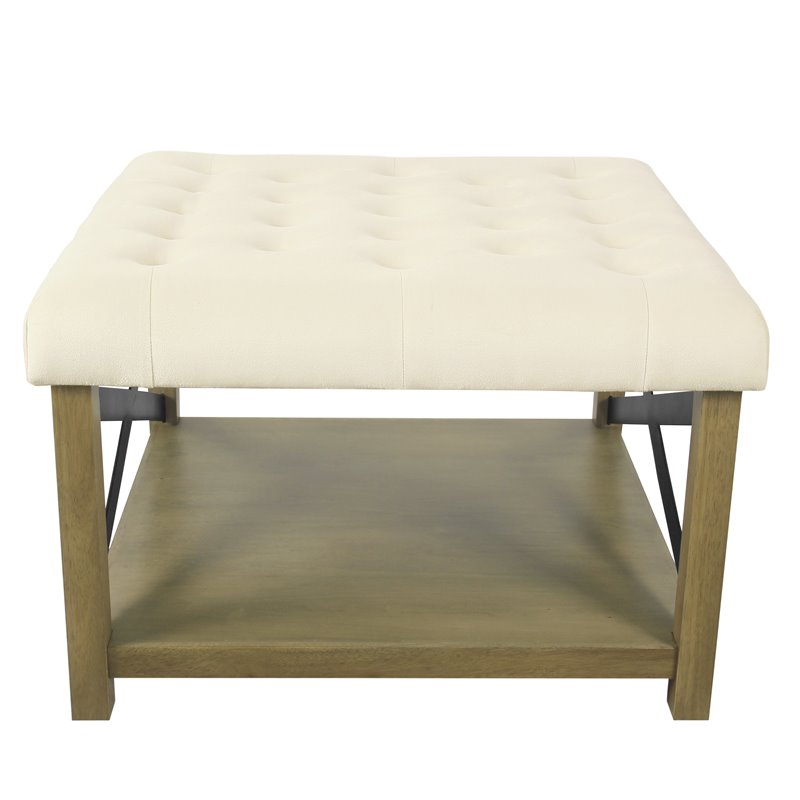 Pemberly Row Traditional Wood and Fabric Tufted Ottoman with Storage in Cream