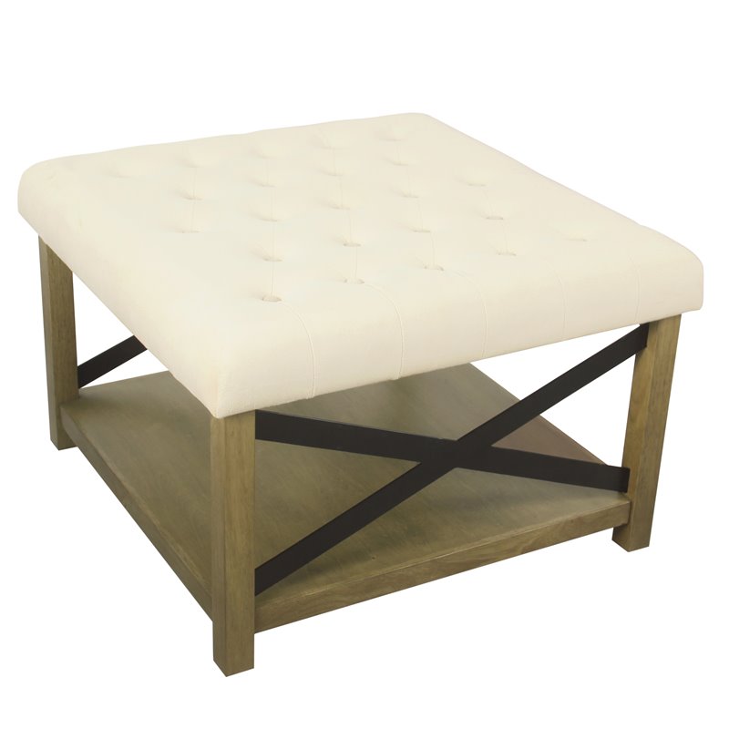 Pemberly Row Traditional Wood and Fabric Tufted Ottoman with Storage in Cream