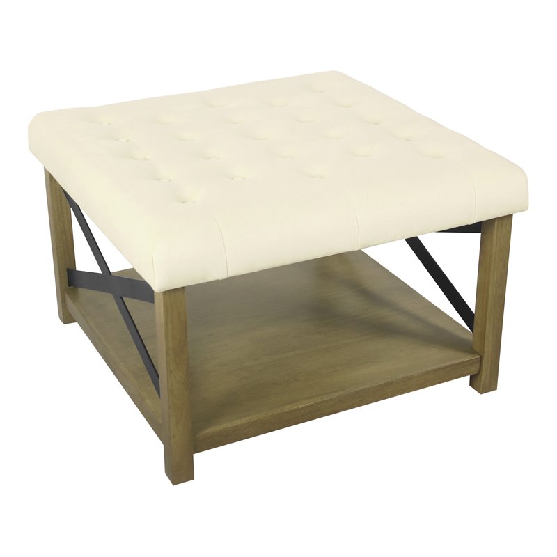 Pemberly Row Traditional Wood and Fabric Tufted Ottoman with Storage in Cream