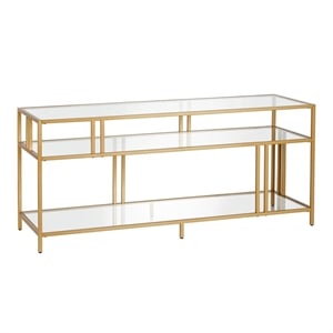 Pemberly Row Industrial 55&quot Brass Metal TV Stand with Glass Shelves