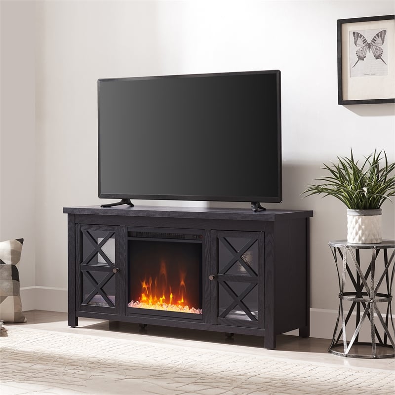 Pemberly Row TV Stand with Crystal Fireplace Insert in Black (TVs up to 55