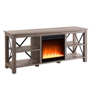 pemberly row tv stand with crystal fireplace insert in gray oak (tvs up to 65