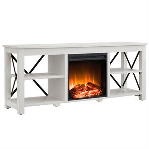 pemberly row tv stand with log fireplace insert in white (tvs up to 65