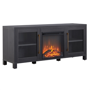 pemberly row tv stand with log fireplace insert in charcoal gray (tvs up to 65