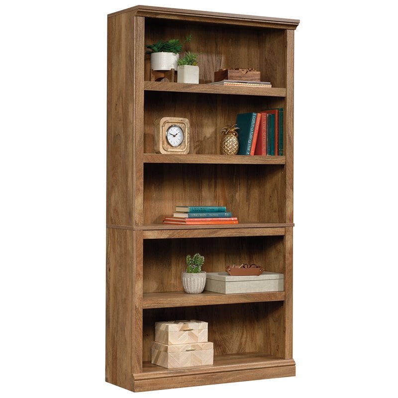 Pemberly Row 5-Shelf Engineered Wood Tall Bookcase in Sindoori Mango/Brown