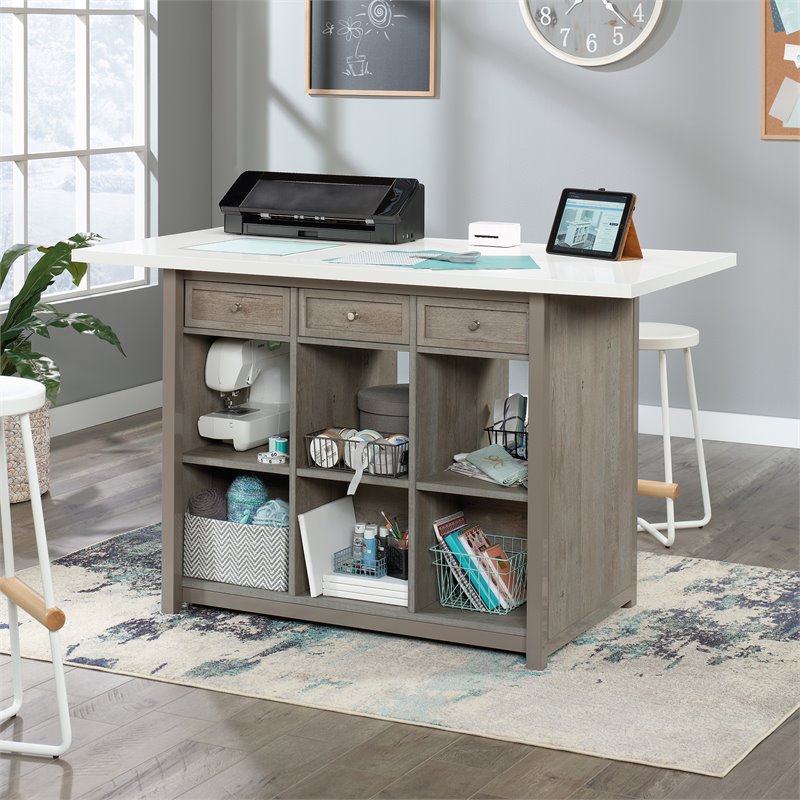 Pemberly Row Transitional Engineered Wood Craft Table in Oak