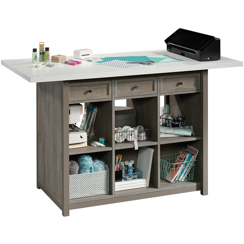 Pemberly Row Transitional Engineered Wood Craft Table in Oak