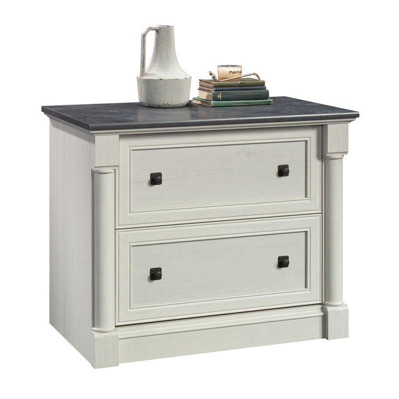 Pemberly Row Engineered Wood Filing Cabinet in Glacier Oak/Rosso Slate Accent
