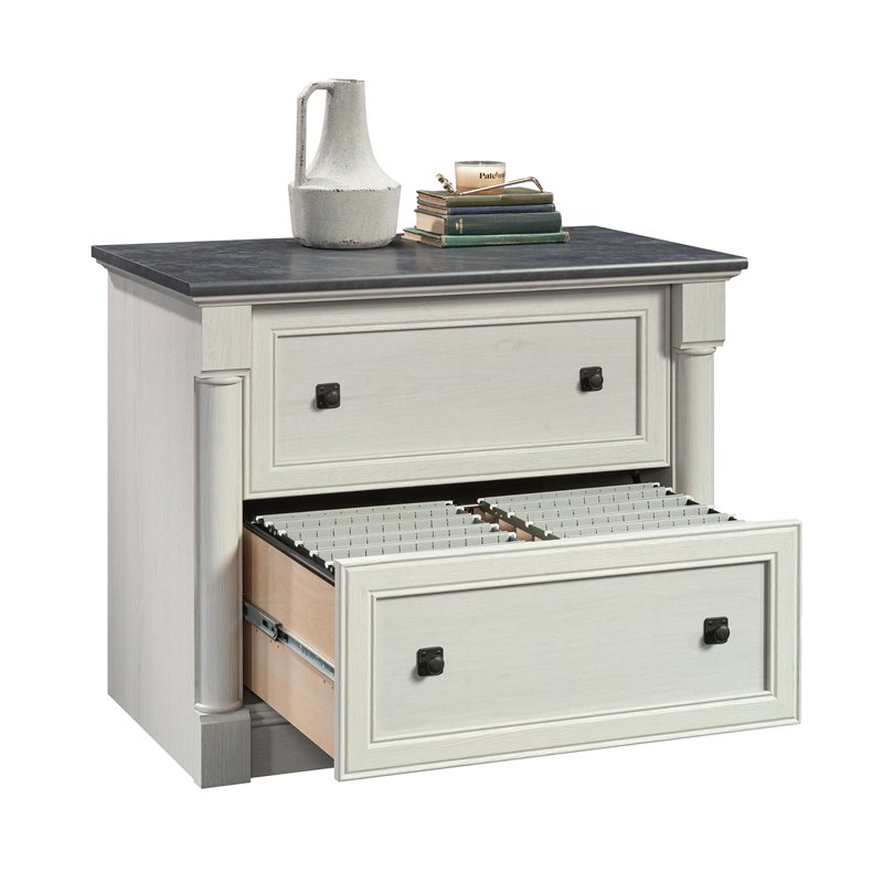 Pemberly Row Engineered Wood Filing Cabinet in Glacier Oak/Rosso Slate Accent