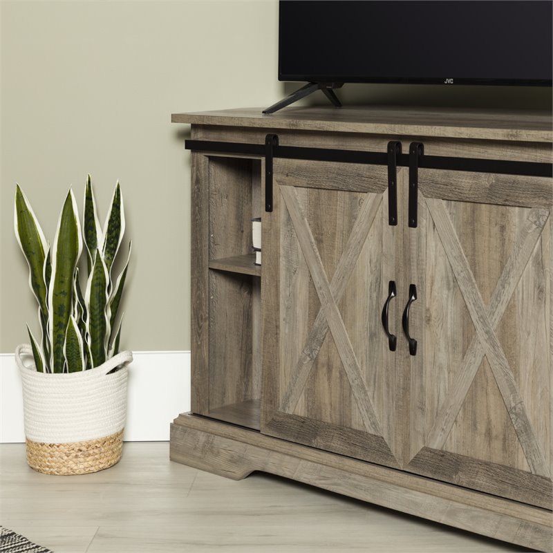 Pemberly Row Farmhouse Wood Corner TV Stand for TVs up to 52
