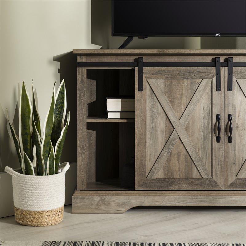 Pemberly Row Farmhouse Wood Corner TV Stand for TVs up to 52