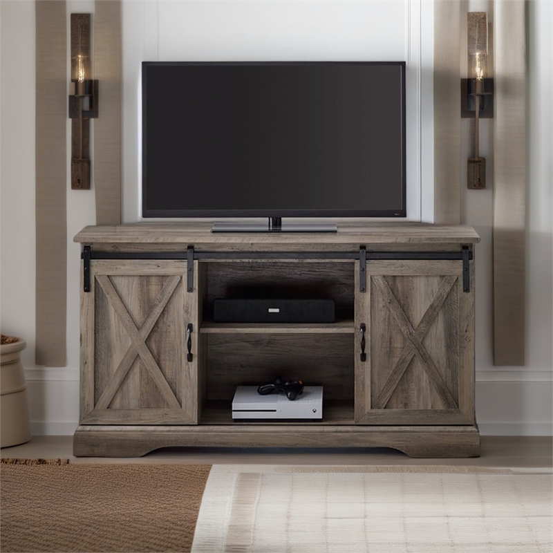 Pemberly Row Farmhouse Wood Corner TV Stand for TVs up to 52
