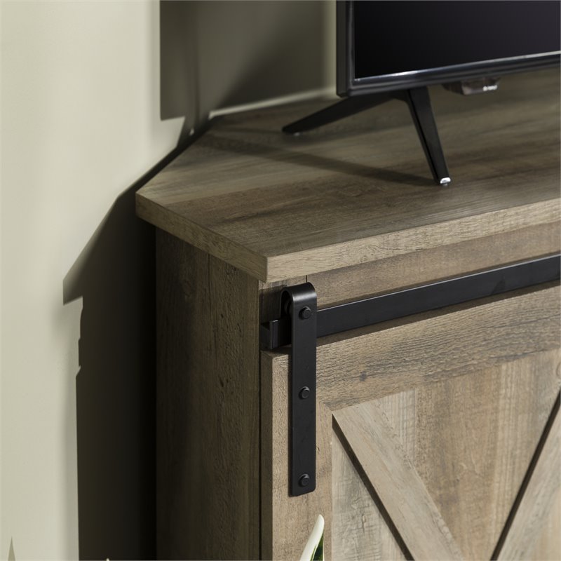 Pemberly Row Farmhouse Wood Corner TV Stand for TVs up to 52