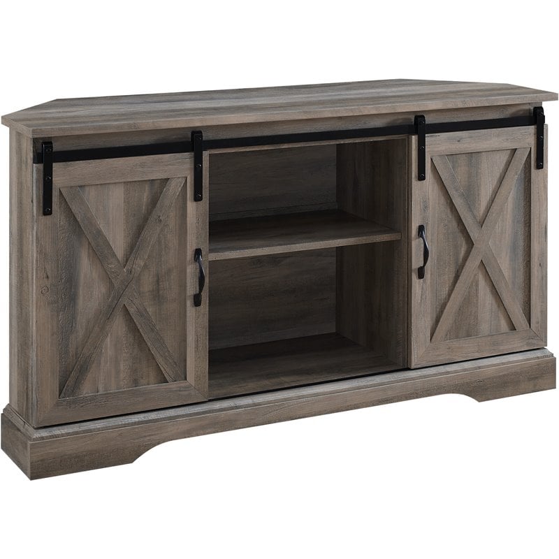 Pemberly Row Farmhouse Wood Corner TV Stand for TVs up to 52