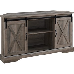 Pemberly Row Farmhouse Wood Corner TV Stand for TVs up to 52&quot in Gray