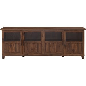 Pemberly Row 70&quot TV Console with Glass and Wood 4 Panel Doors in Dark Walnut