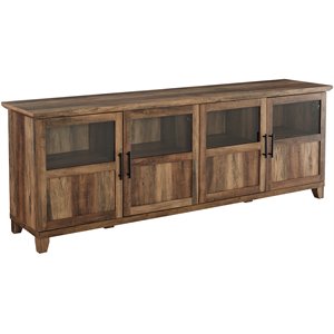 Pemberly Row 70&quot TV Console with Glass and Wood 4 Panel Doors in Rustic Oak