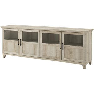 Pemberly Row 70&quot TV Console with Glass and Wood 4 Panel Doors in White Oak