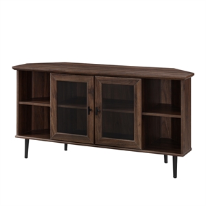 Pemberly Row 48&quot Glass Door Corner TV Console with 4-Cubbies in Dark Walnut