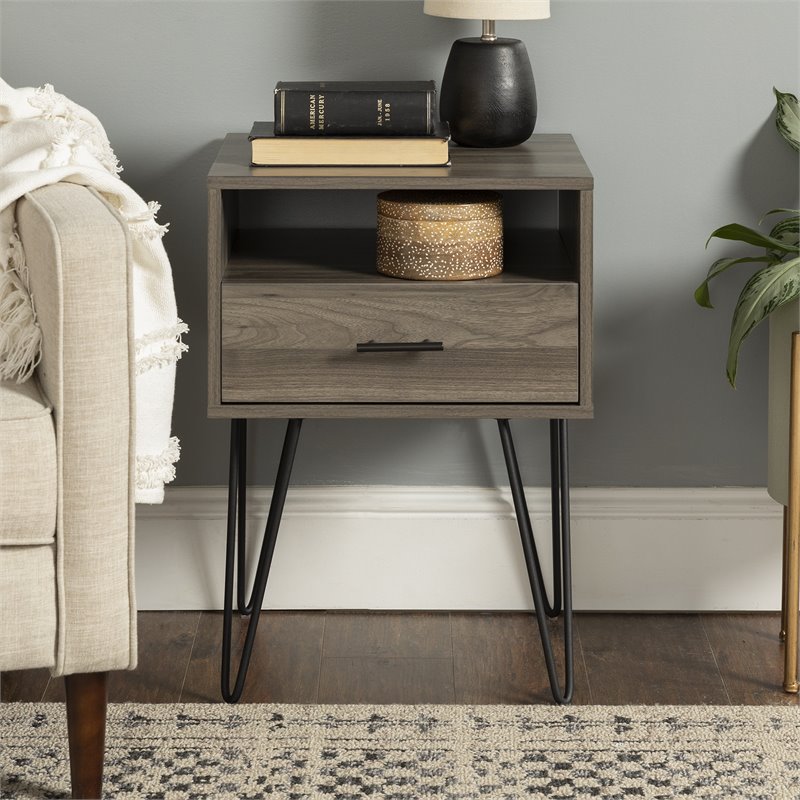 Pemberley Row Slate Gray Nightstand Hairpin Legs Open and Closed Storage 25.25