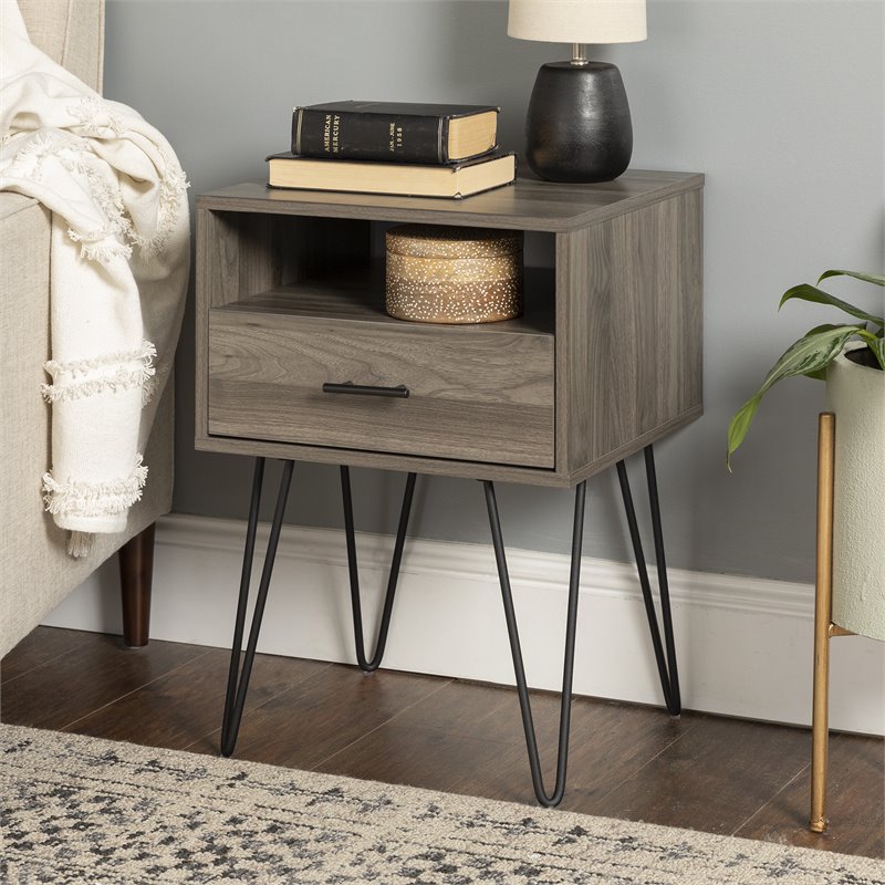 Pemberley Row Slate Gray Nightstand Hairpin Legs Open and Closed Storage 25.25