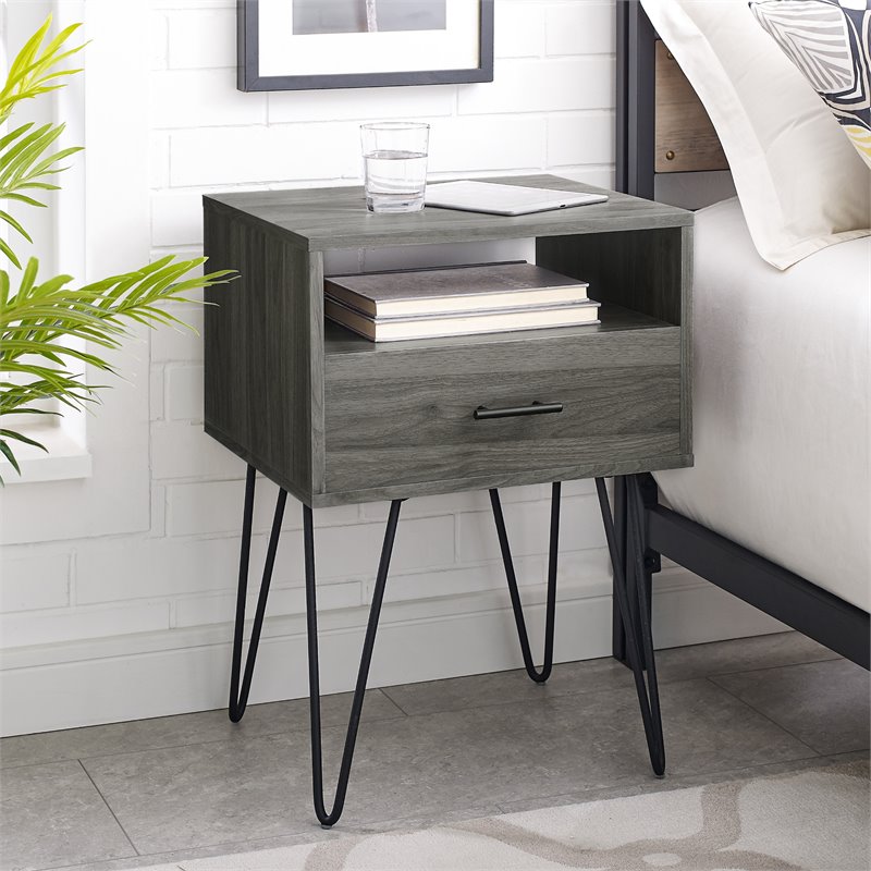 Pemberley Row Slate Gray Nightstand Hairpin Legs Open and Closed Storage 25.25