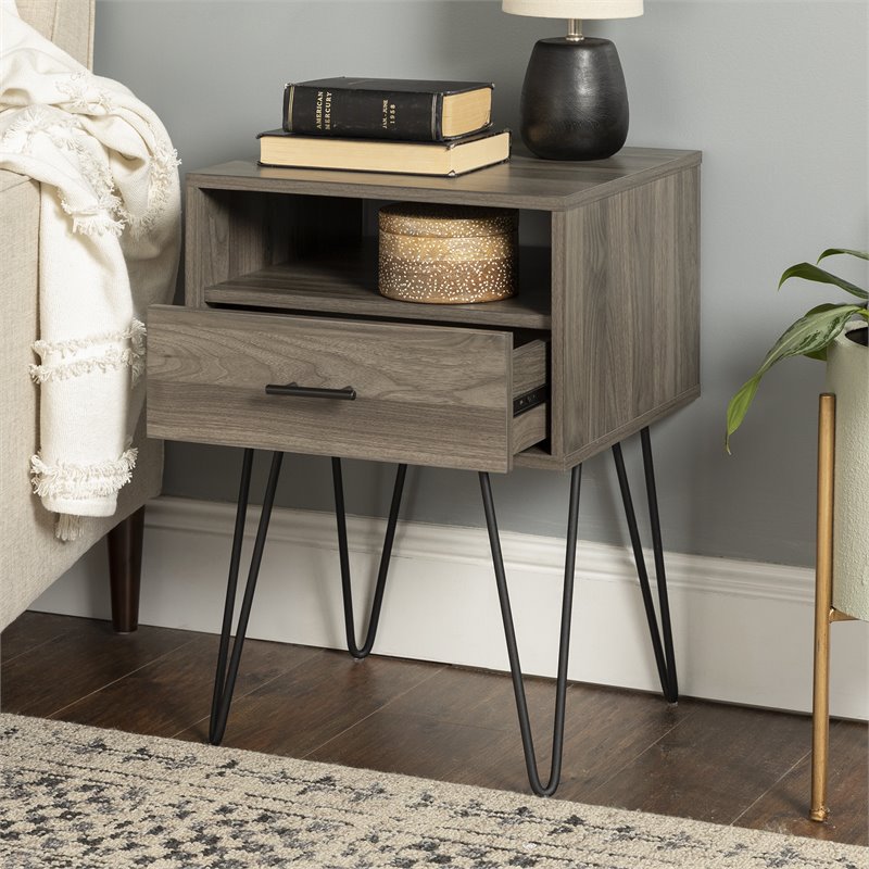 Pemberley Row Slate Gray Nightstand Hairpin Legs Open and Closed Storage 25.25
